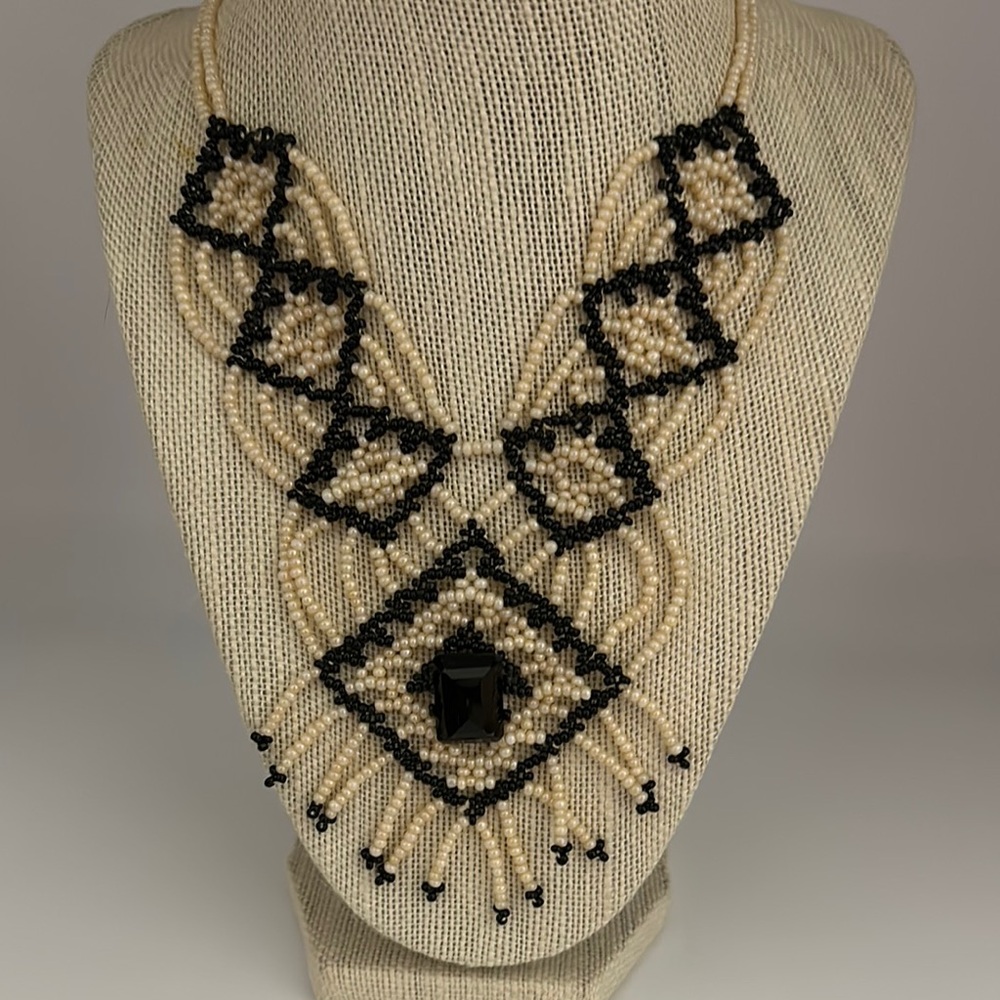 Statement Vintage Beaded Necklace. 
Faceted Black Agate Focal Point.